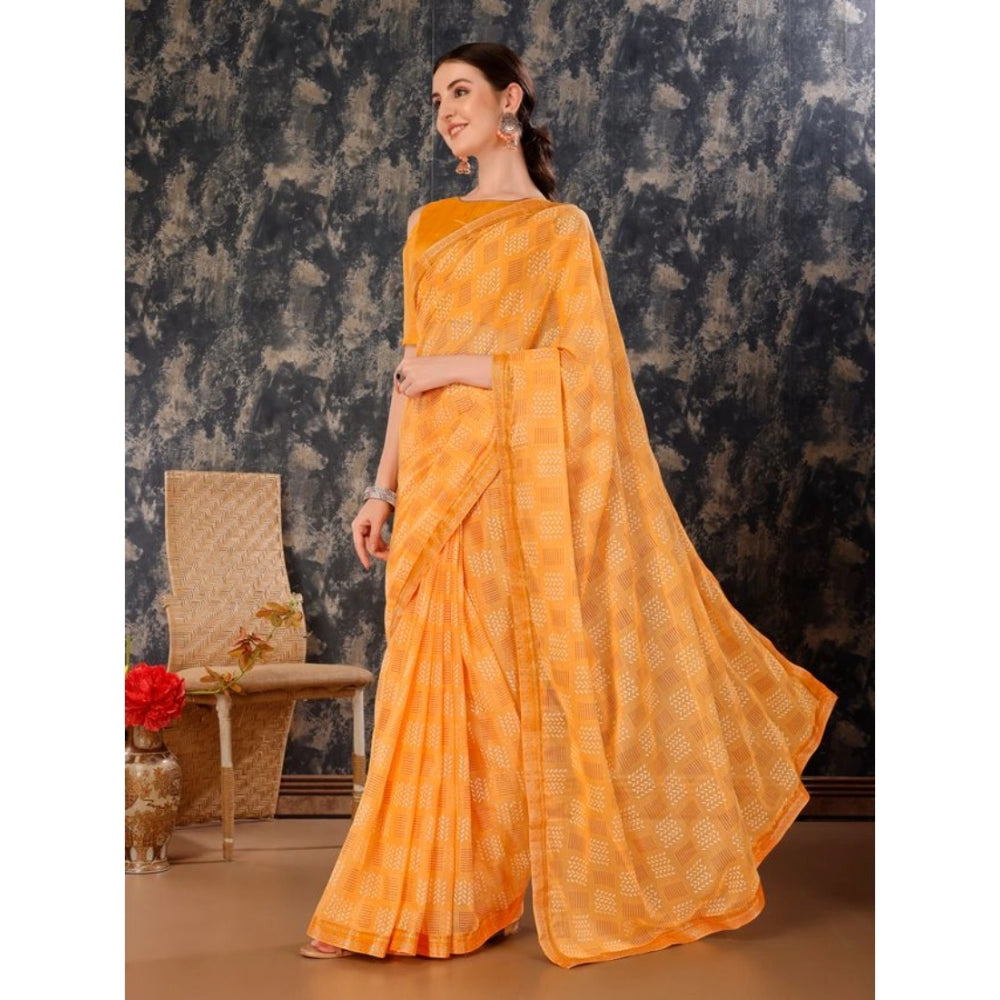 Fashion Women's Zomto Cheked Saree With Unstitched Blouse (Yellow, 5-6 Mtrs)