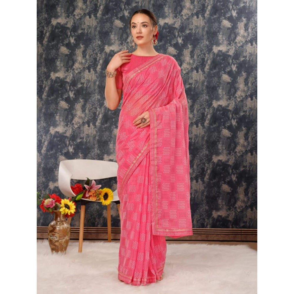 Fashion Women's Zomto Cheked Saree With Unstitched Blouse (Pink, 5-6 Mtrs)