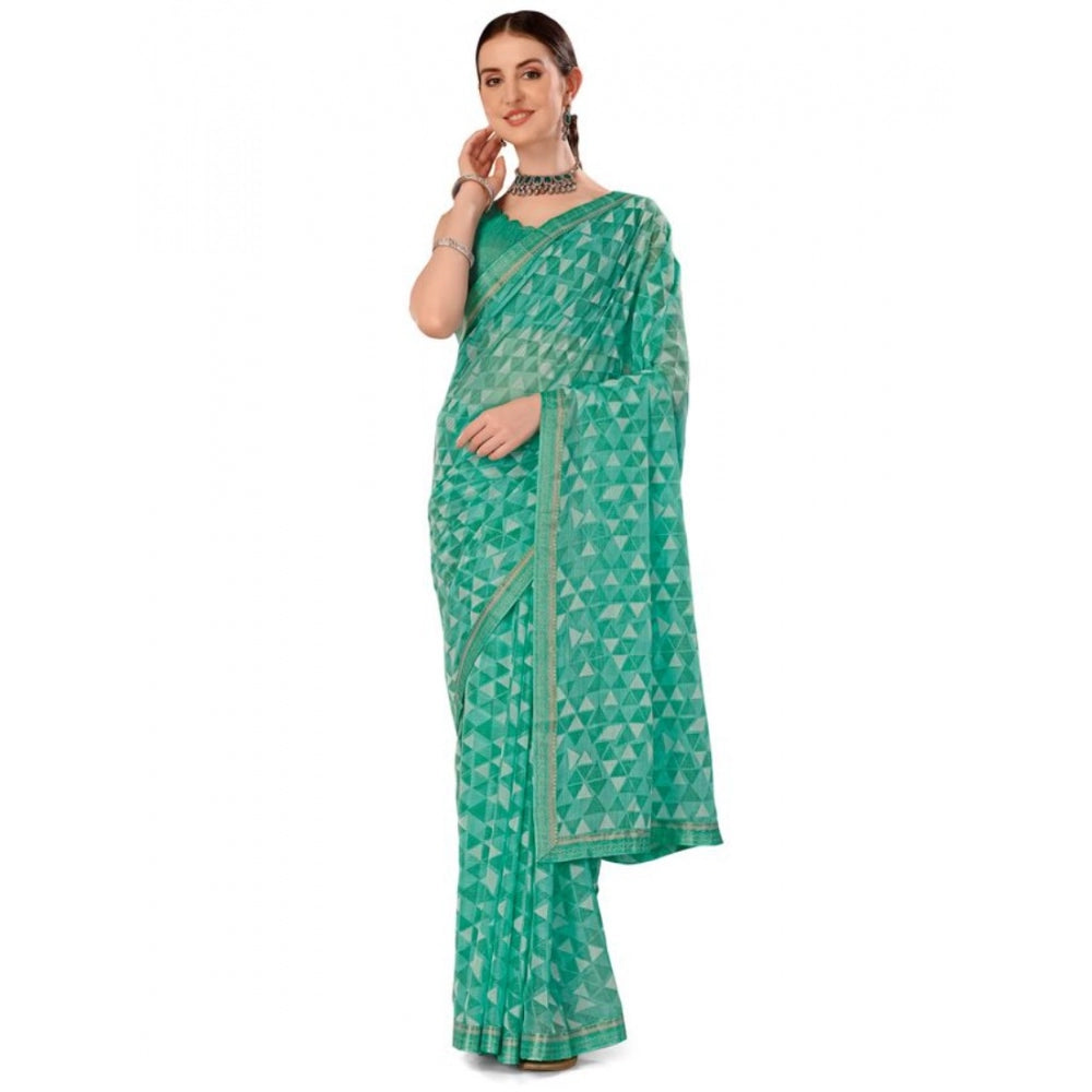 Amfyn Women's Zomto Printed Saree With Unstitched Blouse (Turquoise Green, 5-6 Mtrs)