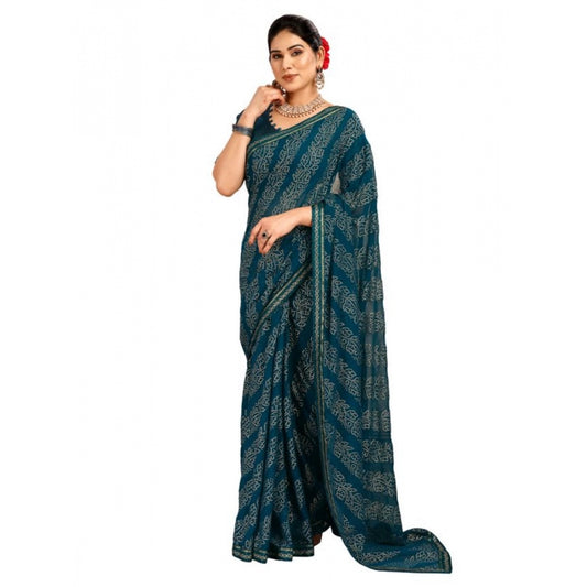 Amfyn Women's Zomto Bandhani Saree With Unstitched Blouse (Blue, 5-6 Mtrs)
