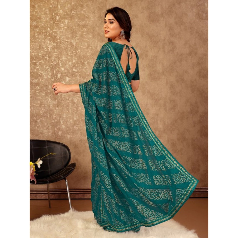 Amfyn Women's Zomto Bandhani Saree With Unstitched Blouse (Teal Blue, 5-6 Mtrs)