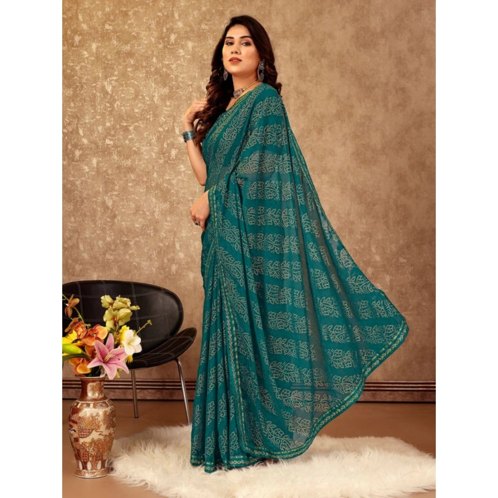 Amfyn Women's Zomto Bandhani Saree With Unstitched Blouse (Teal Blue, 5-6 Mtrs)