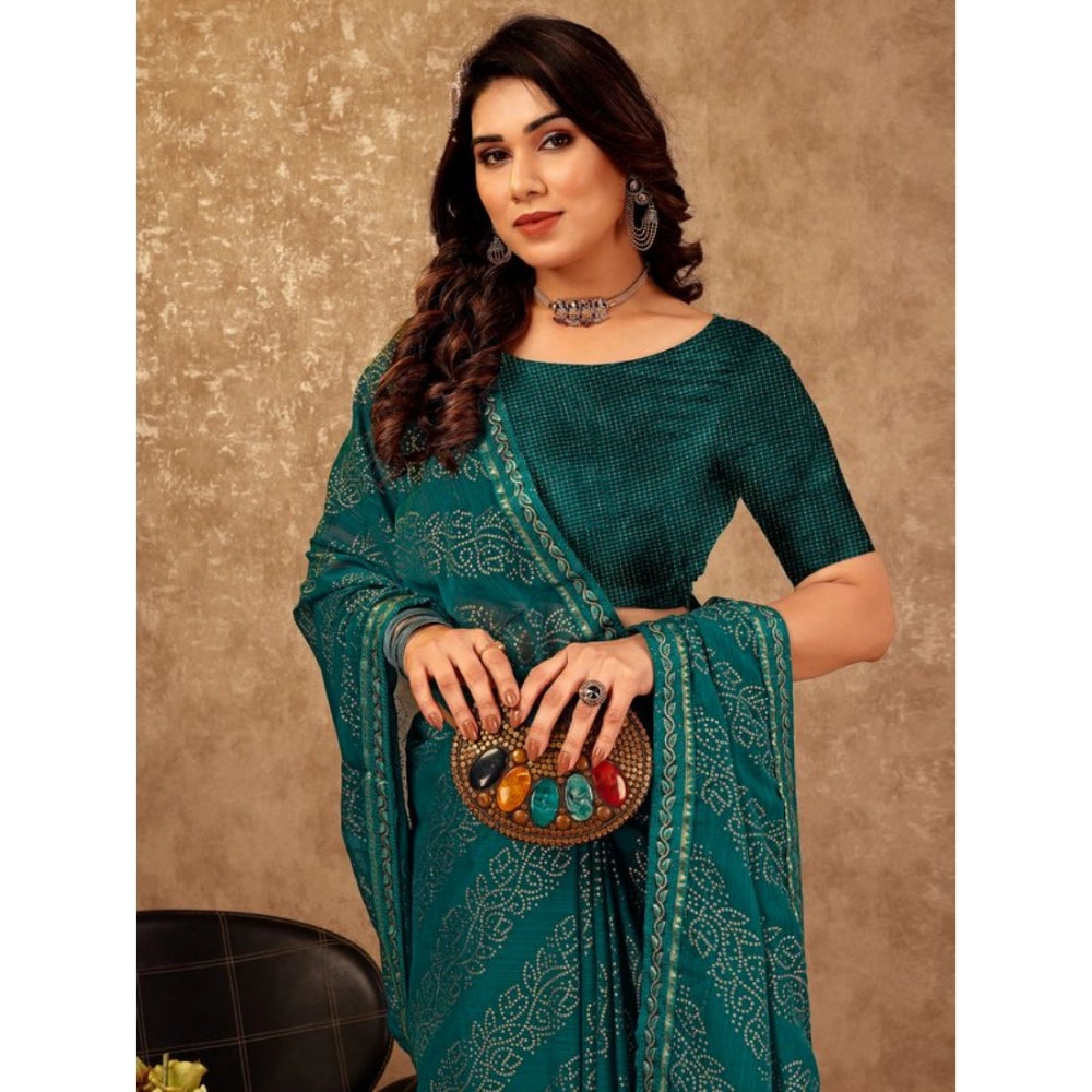 Amfyn Women's Zomto Bandhani Saree With Unstitched Blouse (Teal Blue, 5-6 Mtrs)