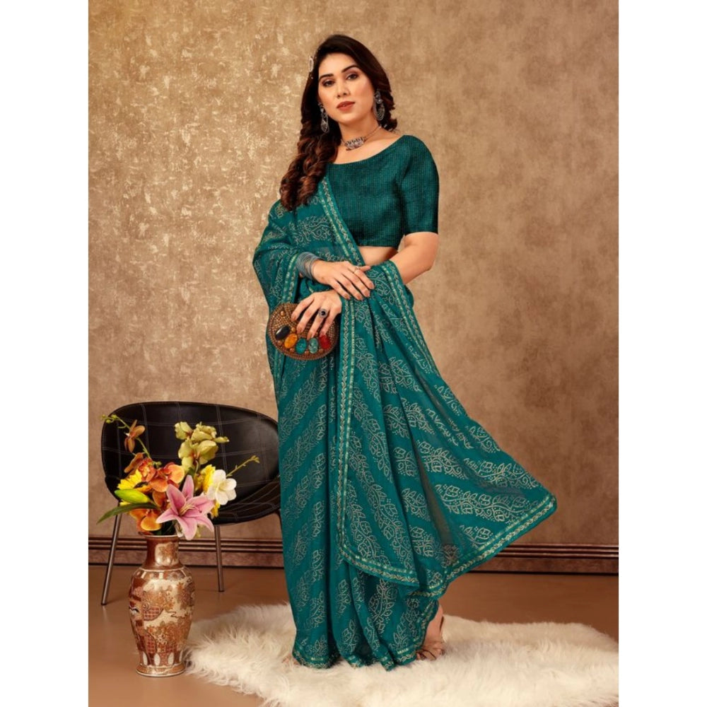 Amfyn Women's Zomto Bandhani Saree With Unstitched Blouse (Teal Blue, 5-6 Mtrs)
