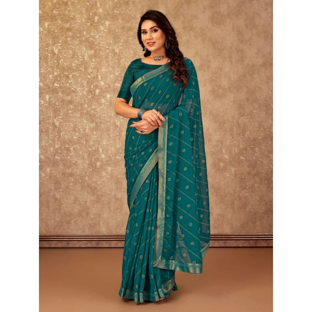 Amfyn Women's Zomto Bandhani Saree With Unstitched Blouse (Teal Blue, 5-6 Mtrs)