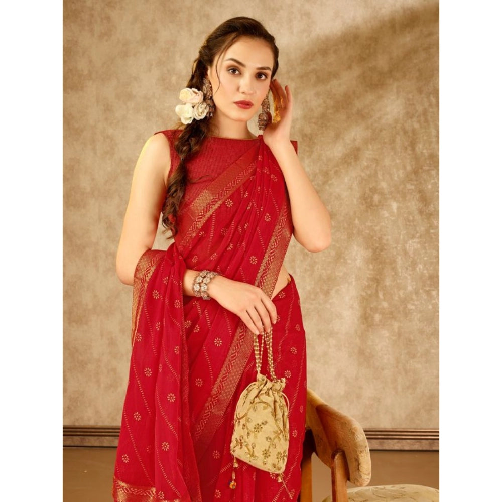 Amfyn Women's Zomto Bandhani Saree With Unstitched Blouse (Red, 5-6 Mtrs)