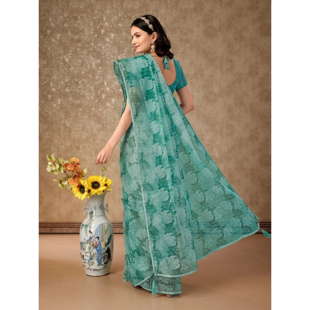 Amfyn Women's Linen Floral Printed Saree With Unstitched Blouse (Turquoise Green, 5-6 Mtrs)