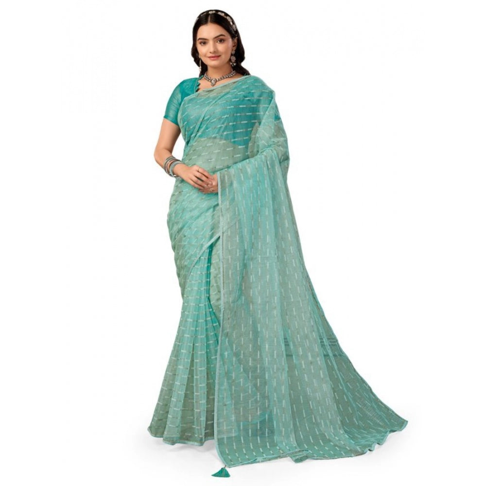 Amfyn Women's Linen Line Saree With Unstitched Blouse (Turquoise Green, 5-6 Mtrs)