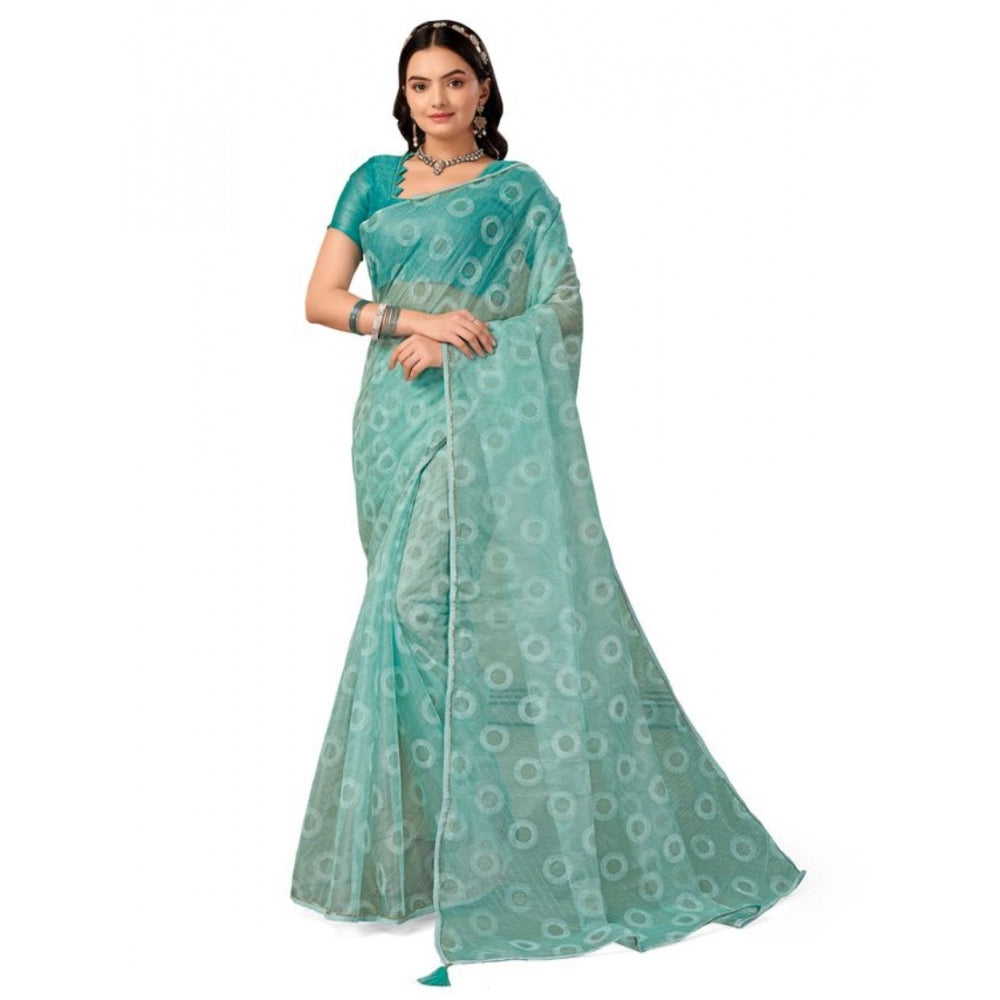 Amfyn Women's Linen Gola Printed Saree With Unstitched Blouse (Turquoise Green, 5-6 Mtrs)
