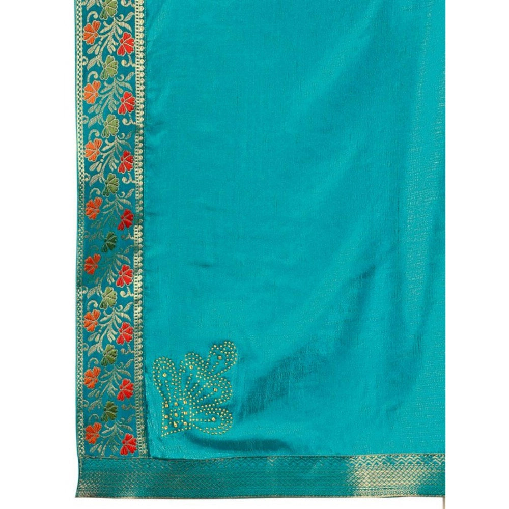 Amfyn Women's Vichitra Swiroshki Butta Saree With Unstitched Blouse (Turquoise Blue, 5-6 Mtrs)