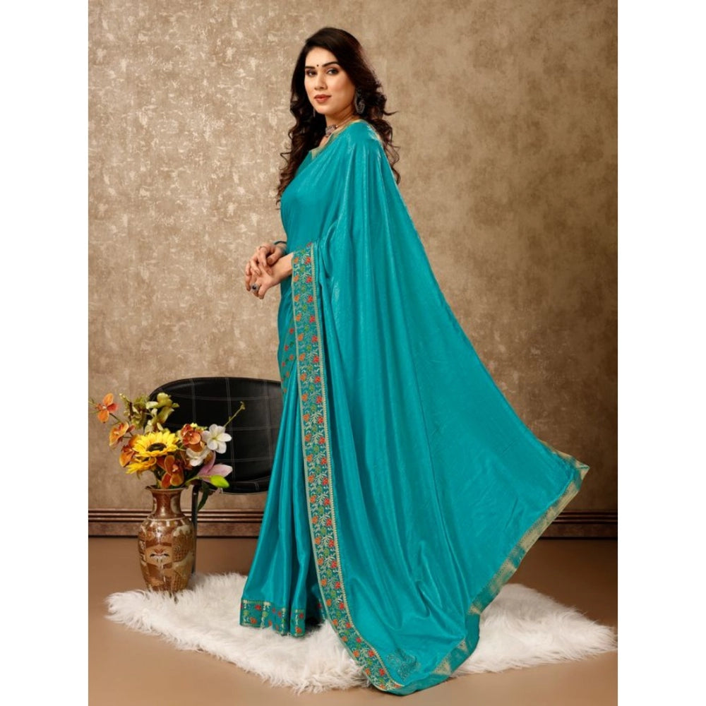 Amfyn Women's Vichitra Swiroshki Butta Saree With Unstitched Blouse (Turquoise Blue, 5-6 Mtrs)