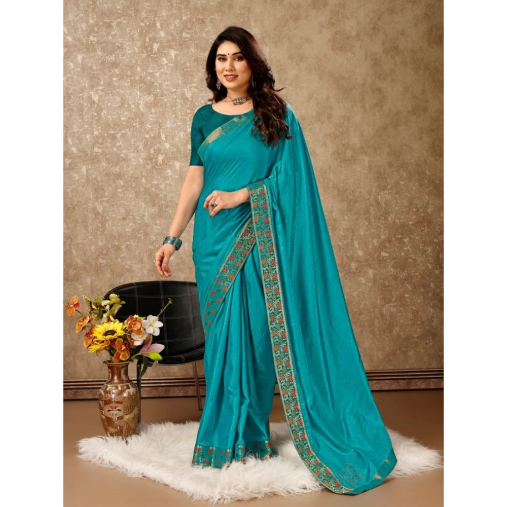 Amfyn Women's Vichitra Swiroshki Butta Saree With Unstitched Blouse (Turquoise Blue, 5-6 Mtrs)