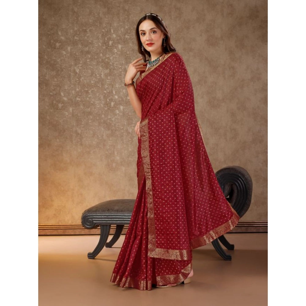 Amfyn Women's Vichitra Bandhani Saree With Unstitched Blouse (Maroon, 5-6 Mtrs)