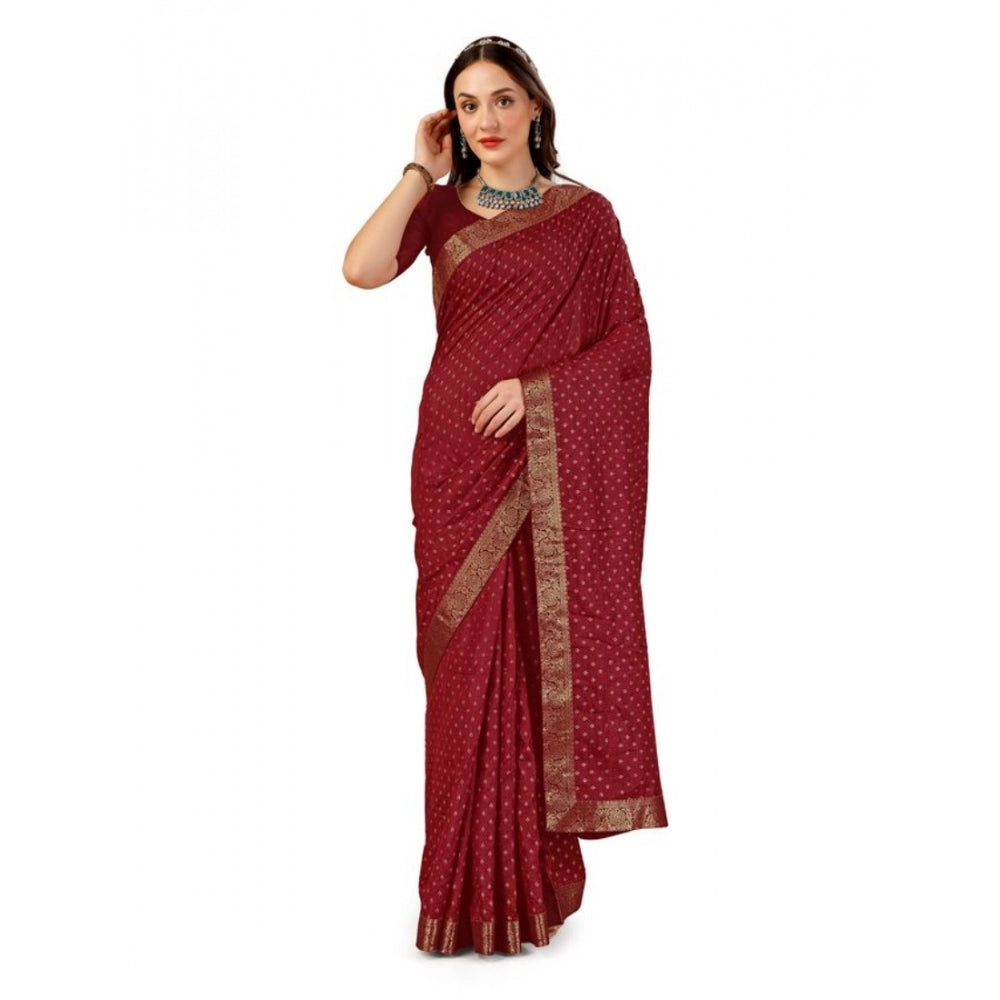 Amfyn Women's Vichitra Bandhani Saree With Unstitched Blouse (Maroon, 5-6 Mtrs)
