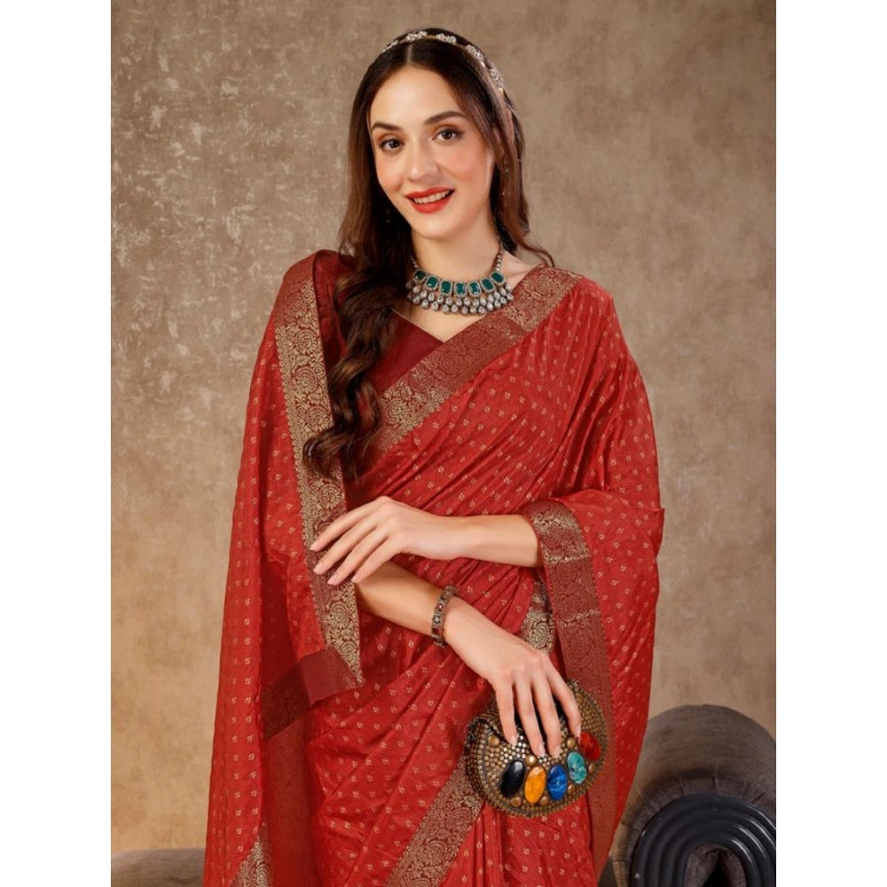 Amfyn Women's Vichitra Bandhani Saree With Unstitched Blouse (Maroon, 5-6 Mtrs)