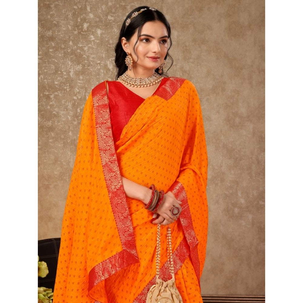 Amfyn Women's Vichitra Bandhani Saree With Unstitched Blouse (Yellow, 5-6 Mtrs)