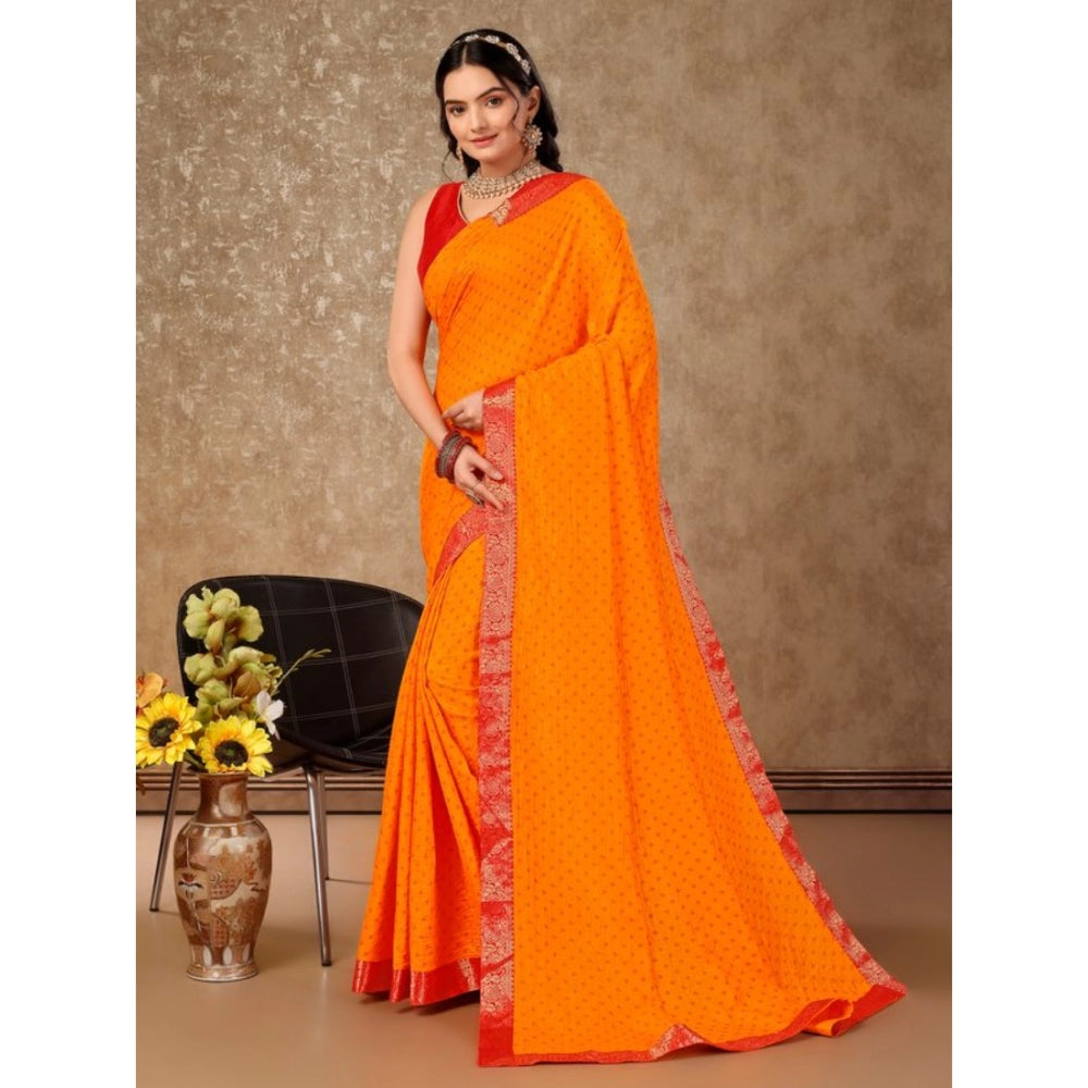 Amfyn Women's Vichitra Bandhani Saree With Unstitched Blouse (Yellow, 5-6 Mtrs)