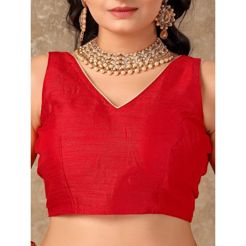 Amfyn Women's Vichitra Bandhani Saree With Unstitched Blouse (Red, 5-6 Mtrs)