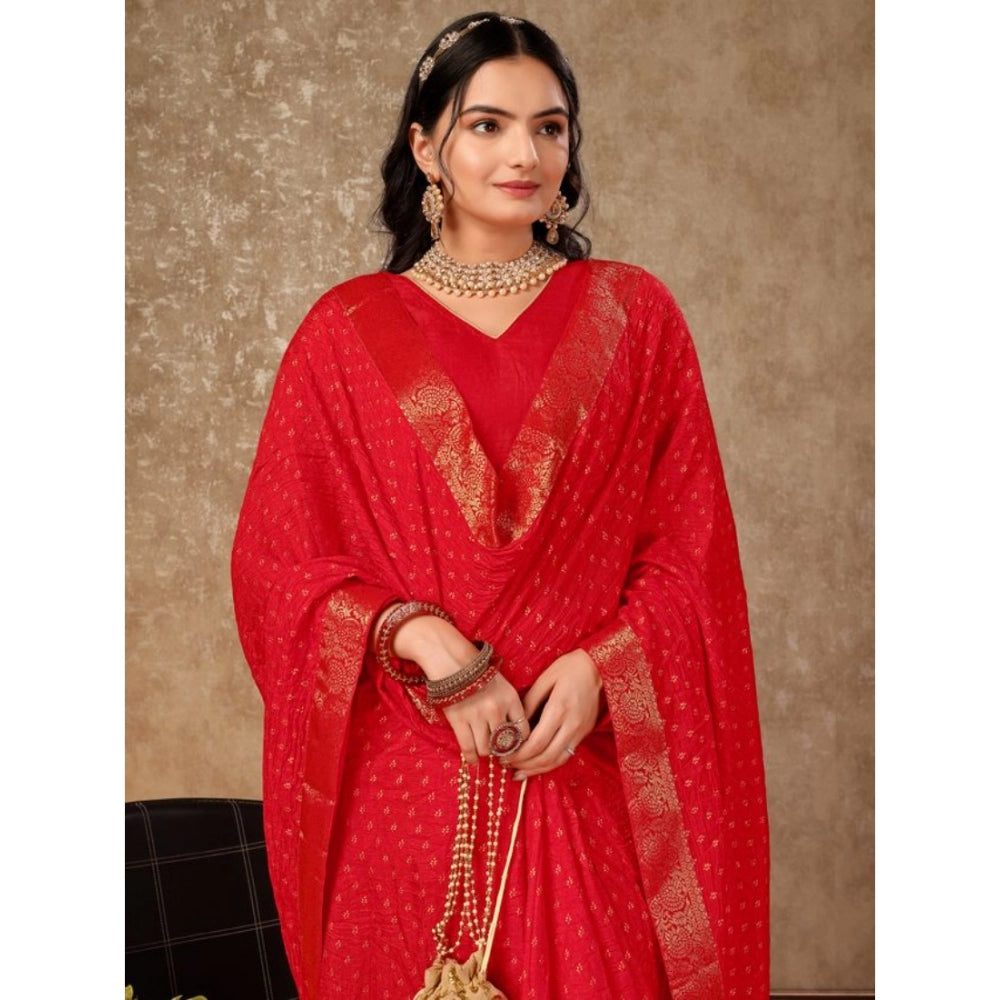 Amfyn Women's Vichitra Bandhani Saree With Unstitched Blouse (Red, 5-6 Mtrs)
