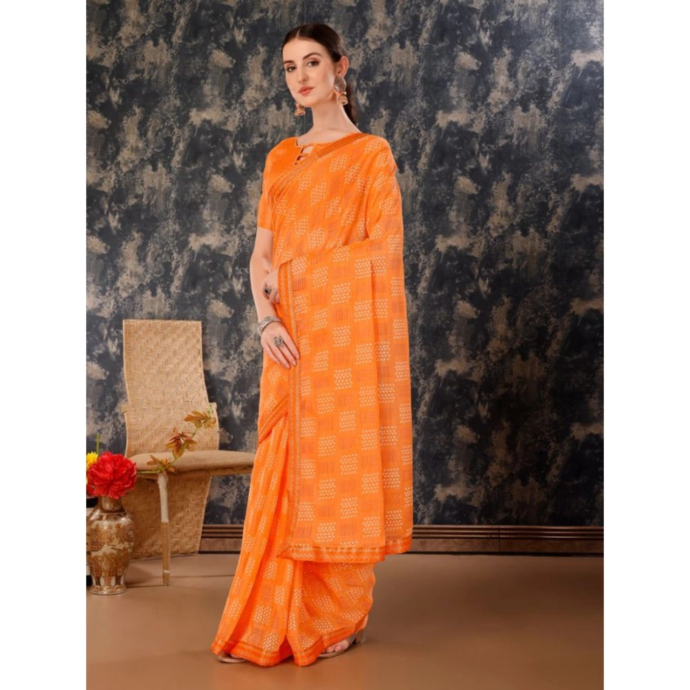 Fashion Women's Zomto Cheked Saree With Unstitched Blouse (Orange, 5-6 Mtrs)