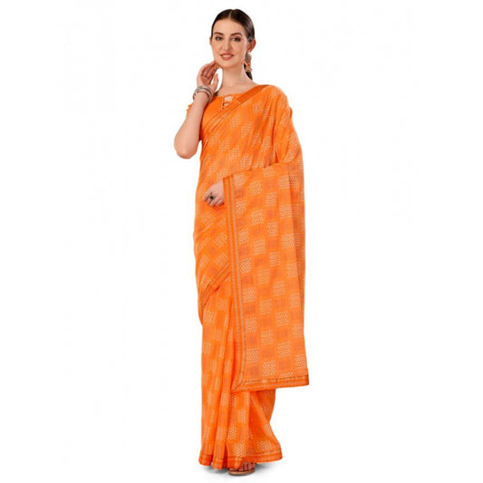 Fashion Women's Zomto Cheked Saree With Unstitched Blouse (Orange, 5-6 Mtrs)