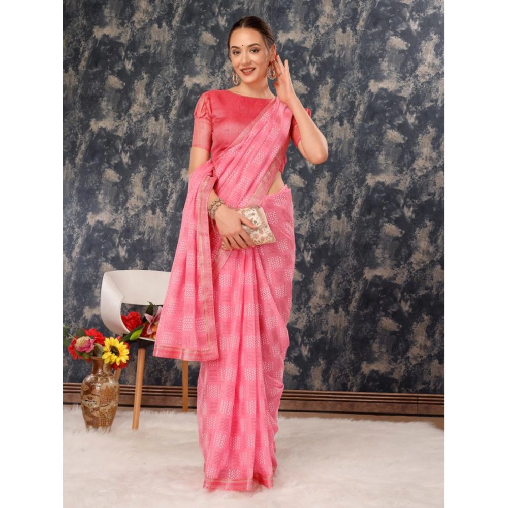 Fashion Women's Zomto Cheked Saree With Unstitched Blouse (Pink, 5-6 Mtrs)