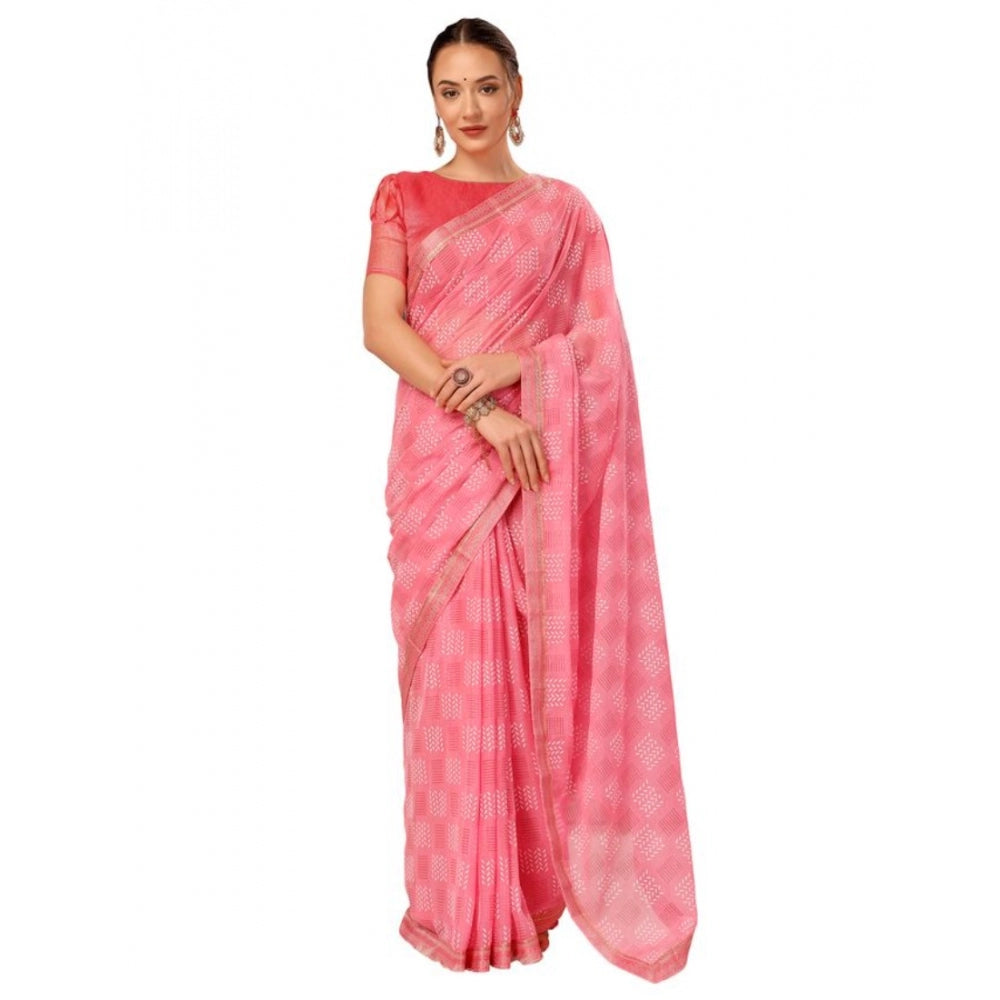 Fashion Women's Zomto Cheked Saree With Unstitched Blouse (Pink, 5-6 Mtrs)