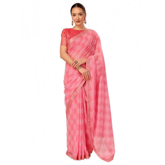 Fashion Women's Zomto Cheked Saree With Unstitched Blouse (Pink, 5-6 Mtrs)