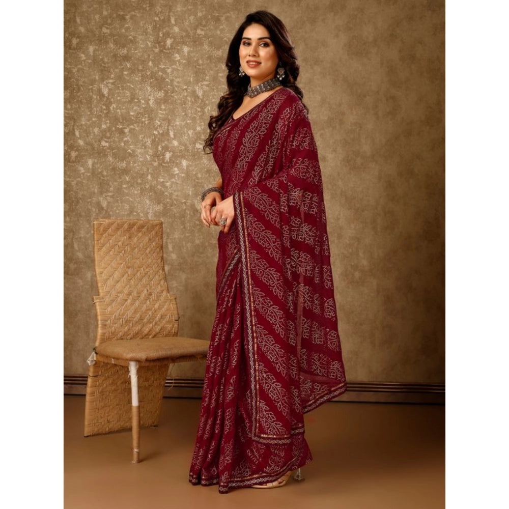 Amfyn Women's Zomto Bandhani Saree With Unstitched Blouse (Maroon, 5-6 Mtrs)