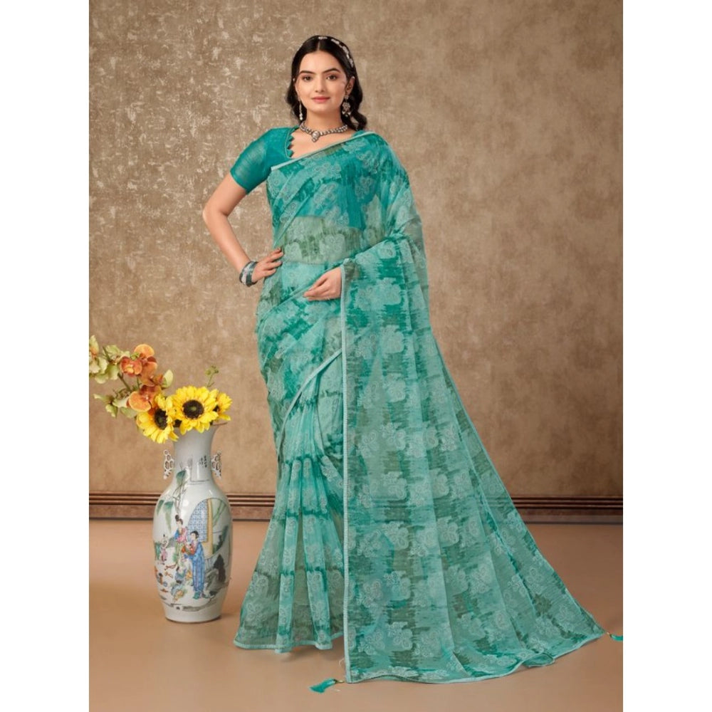 Amfyn Women's Linen Floral Printed Saree With Unstitched Blouse (Turquoise Green, 5-6 Mtrs)