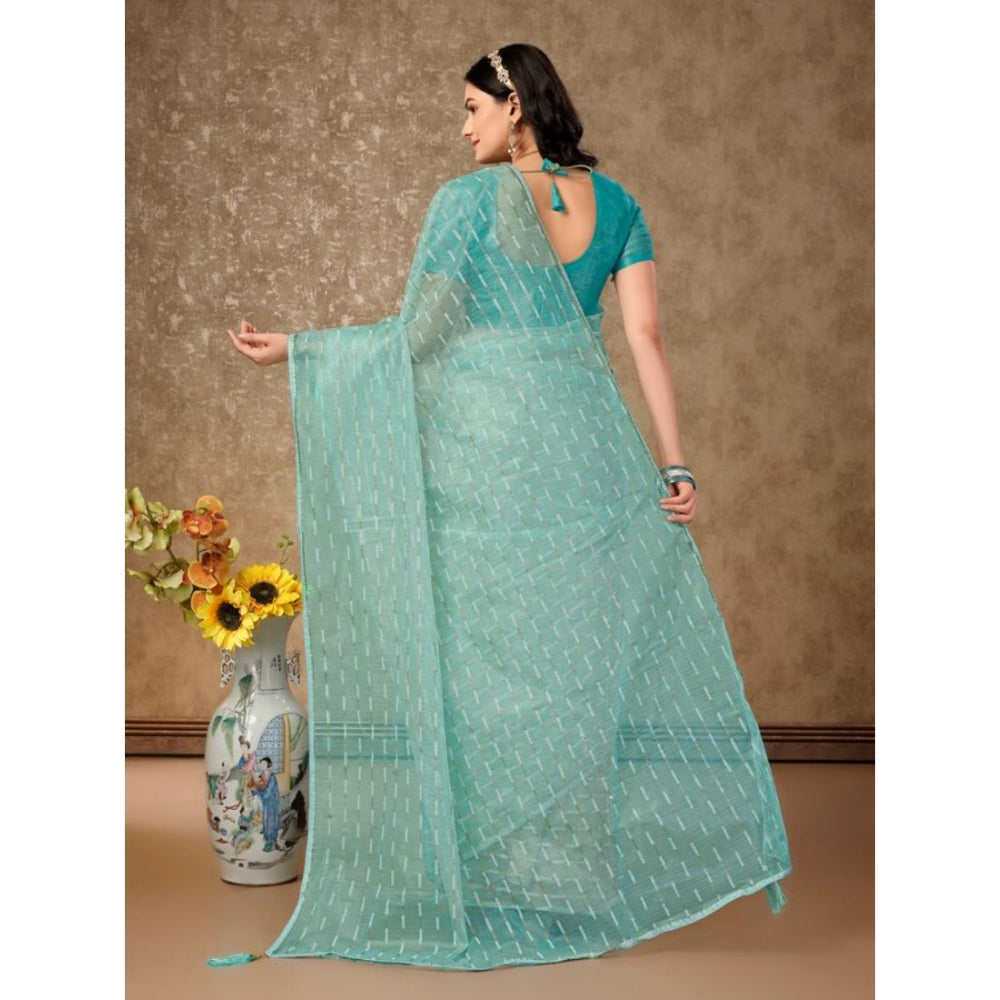 Amfyn Women's Linen Line Saree With Unstitched Blouse (Turquoise Green, 5-6 Mtrs)