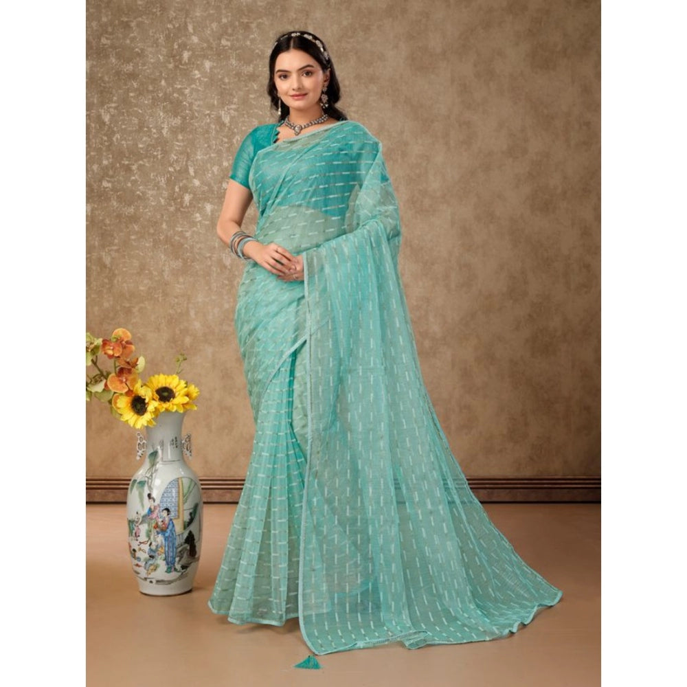 Amfyn Women's Linen Line Saree With Unstitched Blouse (Turquoise Green, 5-6 Mtrs)