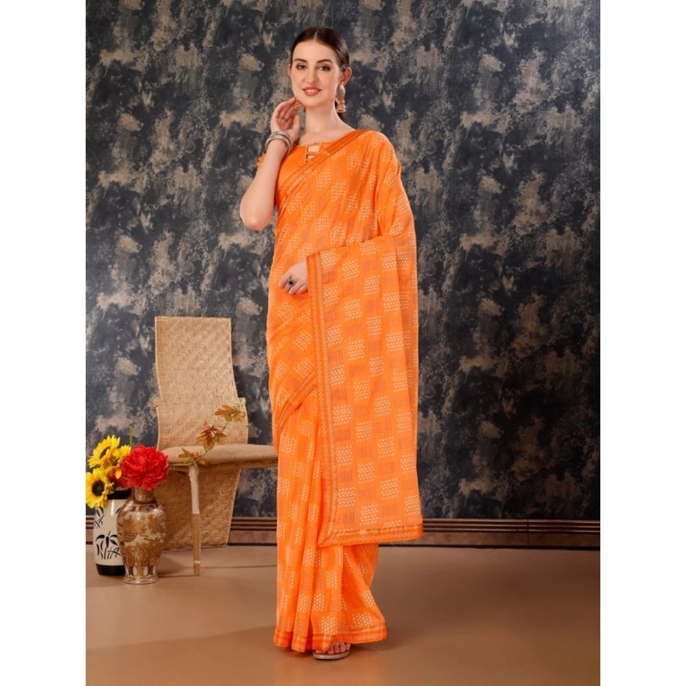 Fashion Women's Zomto Cheked Saree With Unstitched Blouse (Orange, 5-6 Mtrs)