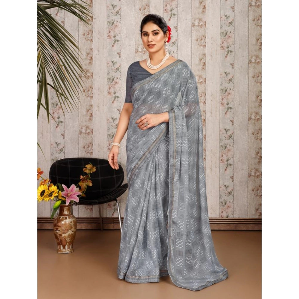 Fashion Women's Zomto Cheked Saree With Unstitched Blouse (Grey, 5-6 Mtrs)