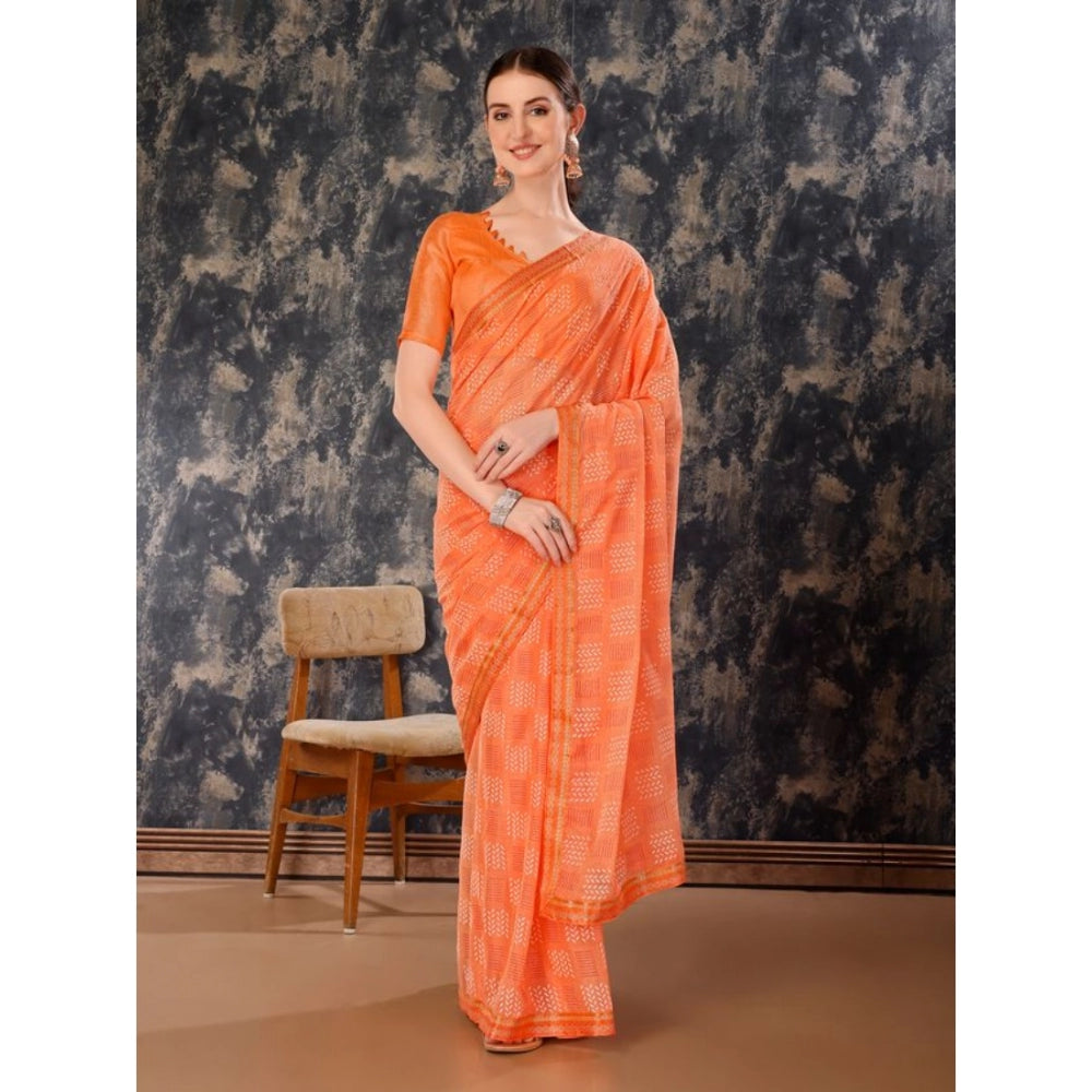 Fashion Women's Zomto Cheked Saree With Unstitched Blouse (Peach, 5-6 Mtrs)