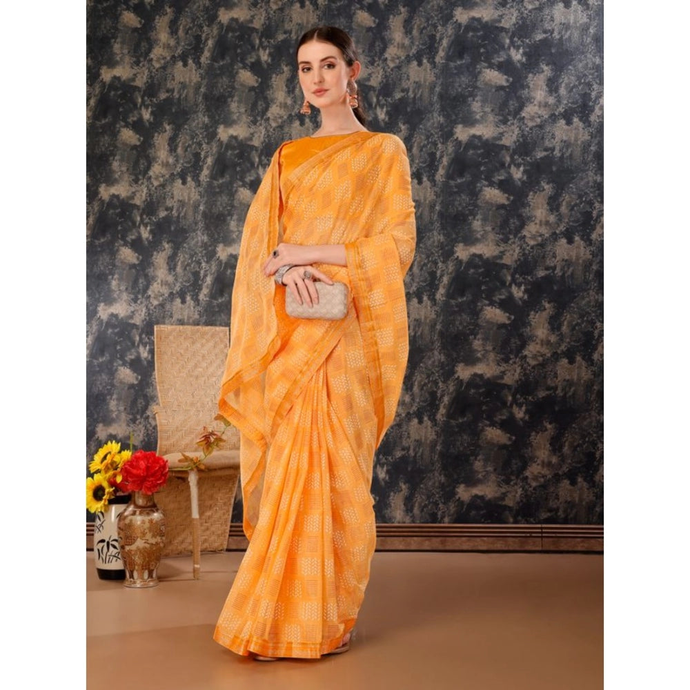 Fashion Women's Zomto Cheked Saree With Unstitched Blouse (Yellow, 5-6 Mtrs)