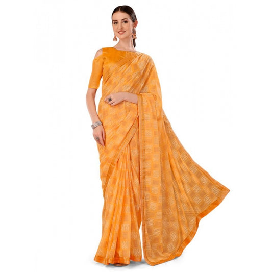 Fashion Women's Zomto Cheked Saree With Unstitched Blouse (Yellow, 5-6 Mtrs)