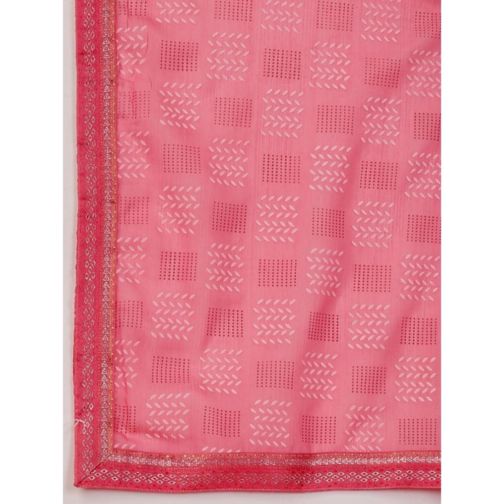 Fashion Women's Zomto Cheked Saree With Unstitched Blouse (Pink, 5-6 Mtrs)