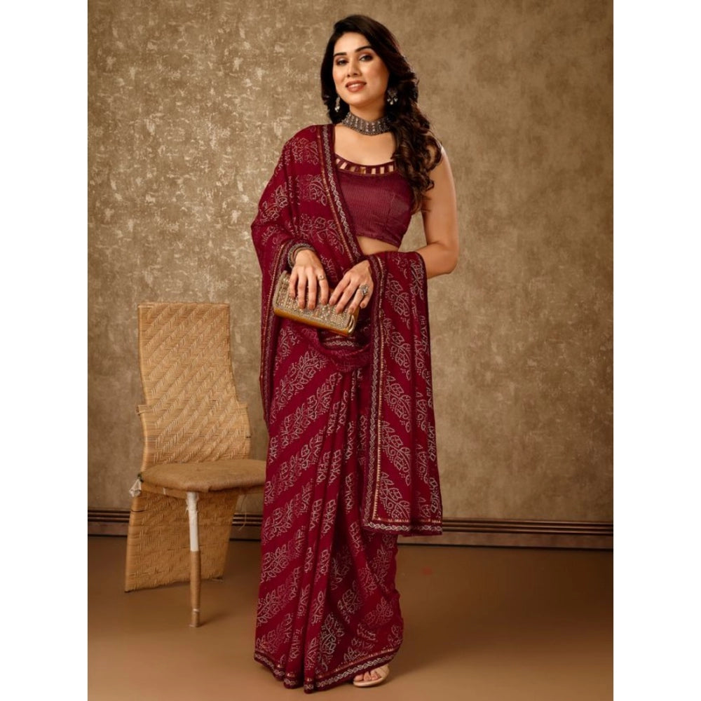 Amfyn Women's Zomto Bandhani Saree With Unstitched Blouse (Maroon, 5-6 Mtrs)