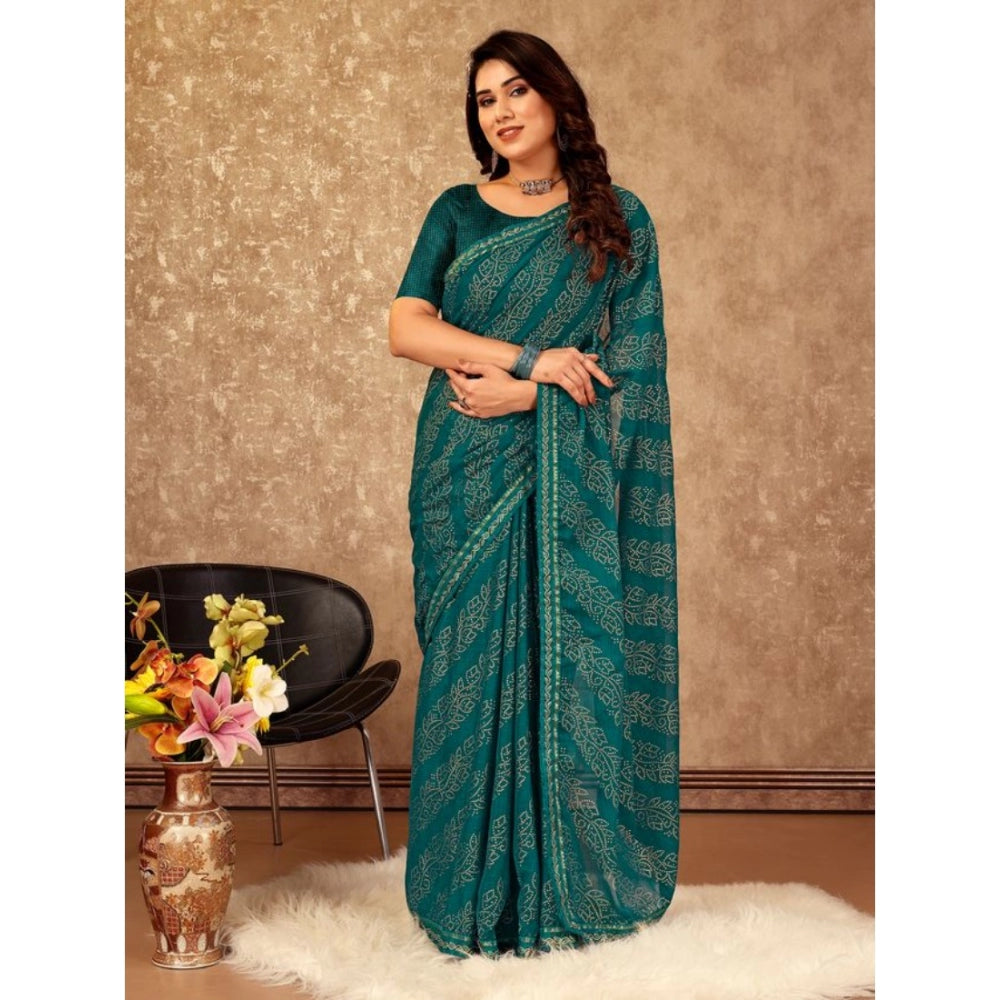 Amfyn Women's Zomto Bandhani Saree With Unstitched Blouse (Teal Blue, 5-6 Mtrs)