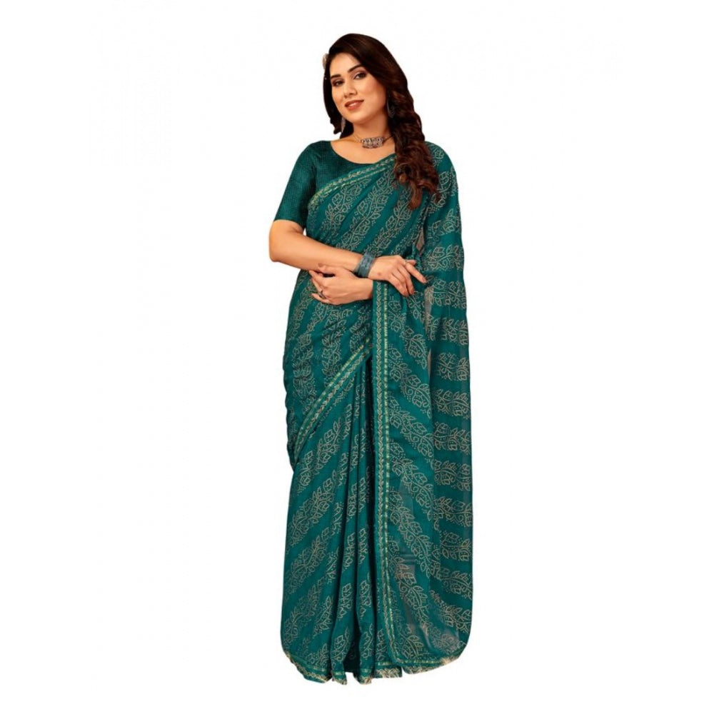Amfyn Women's Zomto Bandhani Saree With Unstitched Blouse (Teal Blue, 5-6 Mtrs)