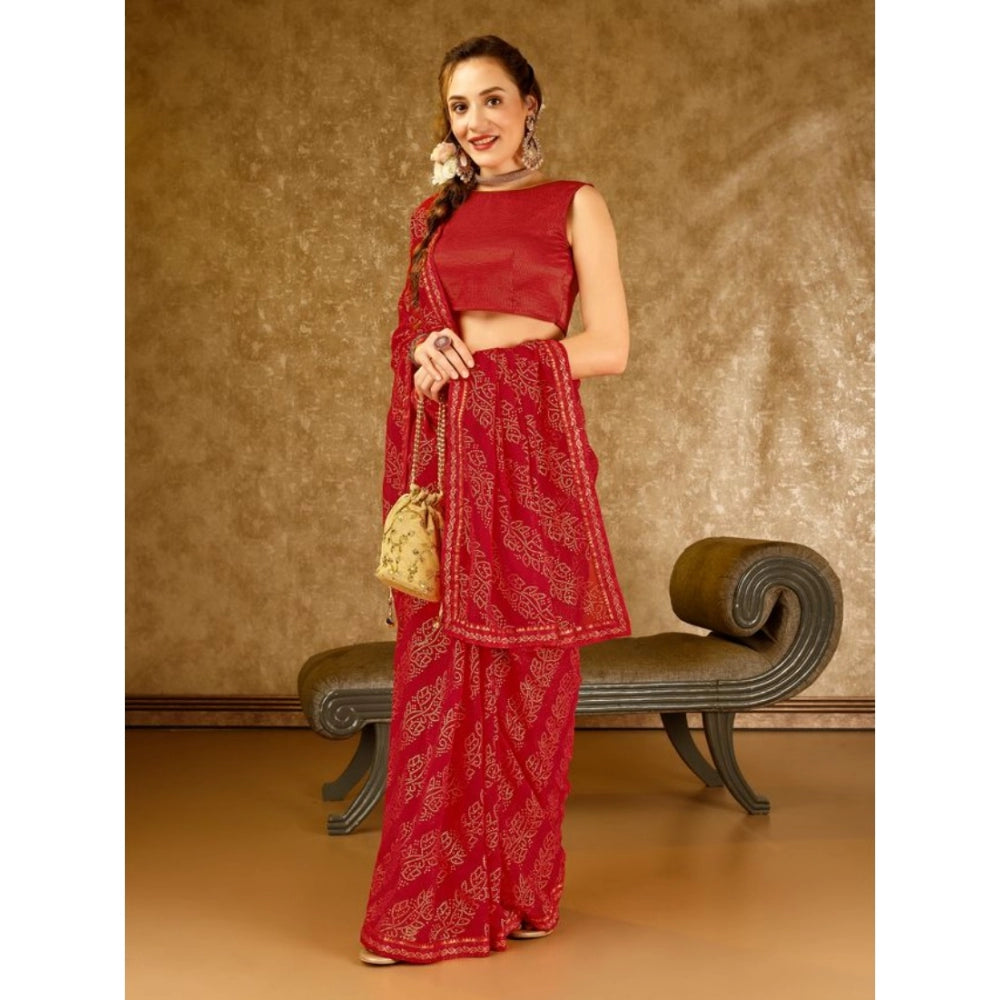 Amfyn Women's Zomto Bandhani Saree With Unstitched Blouse (Red, 5-6 Mtrs)
