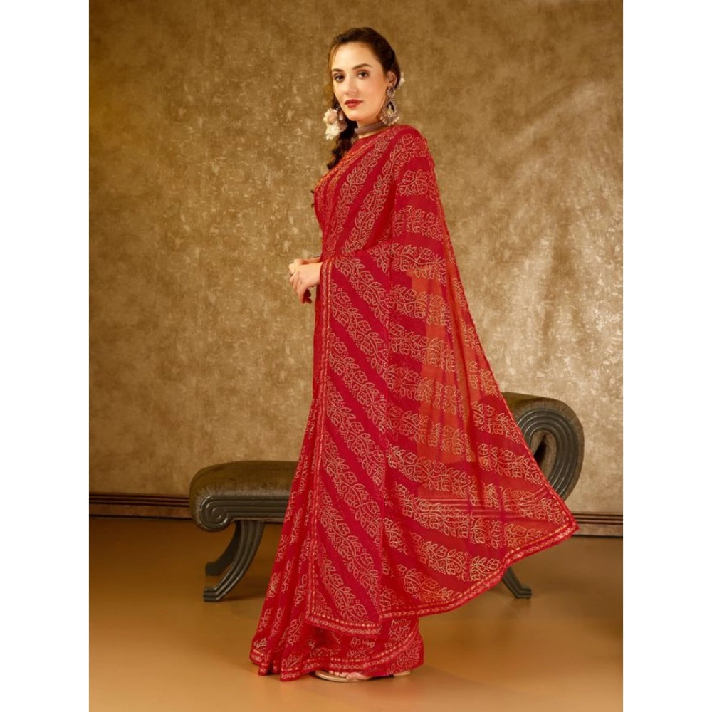 Amfyn Women's Zomto Bandhani Saree With Unstitched Blouse (Red, 5-6 Mtrs)