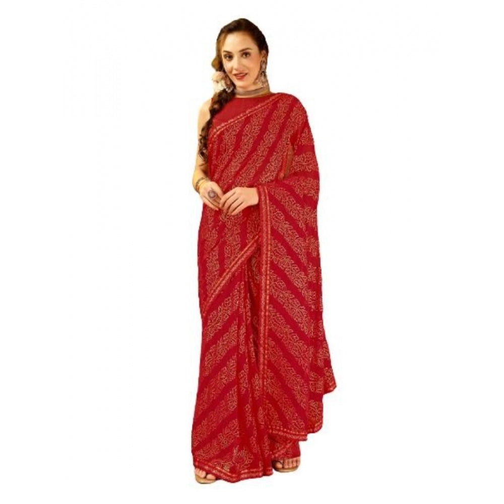 Amfyn Women's Zomto Bandhani Saree With Unstitched Blouse (Red, 5-6 Mtrs)