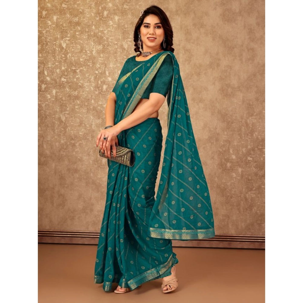Amfyn Women's Zomto Bandhani Saree With Unstitched Blouse (Teal Blue, 5-6 Mtrs)