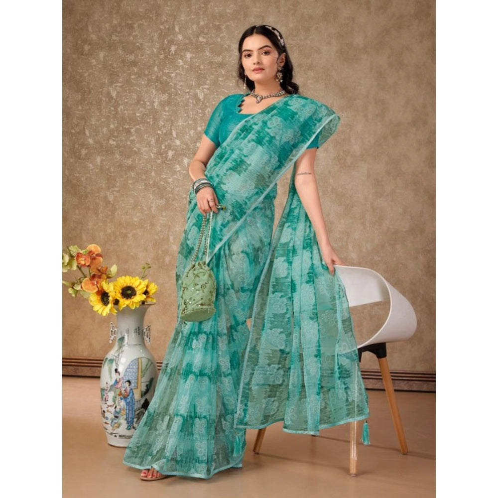 Amfyn Women's Linen Floral Printed Saree With Unstitched Blouse (Turquoise Green, 5-6 Mtrs)