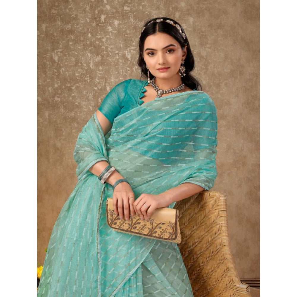 Amfyn Women's Linen Line Saree With Unstitched Blouse (Turquoise Green, 5-6 Mtrs)