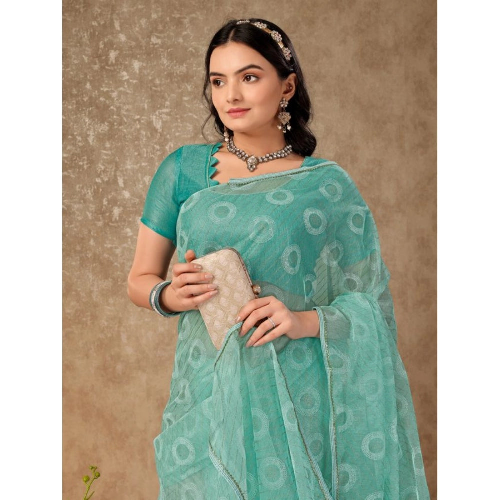 Amfyn Women's Linen Gola Printed Saree With Unstitched Blouse (Turquoise Green, 5-6 Mtrs)