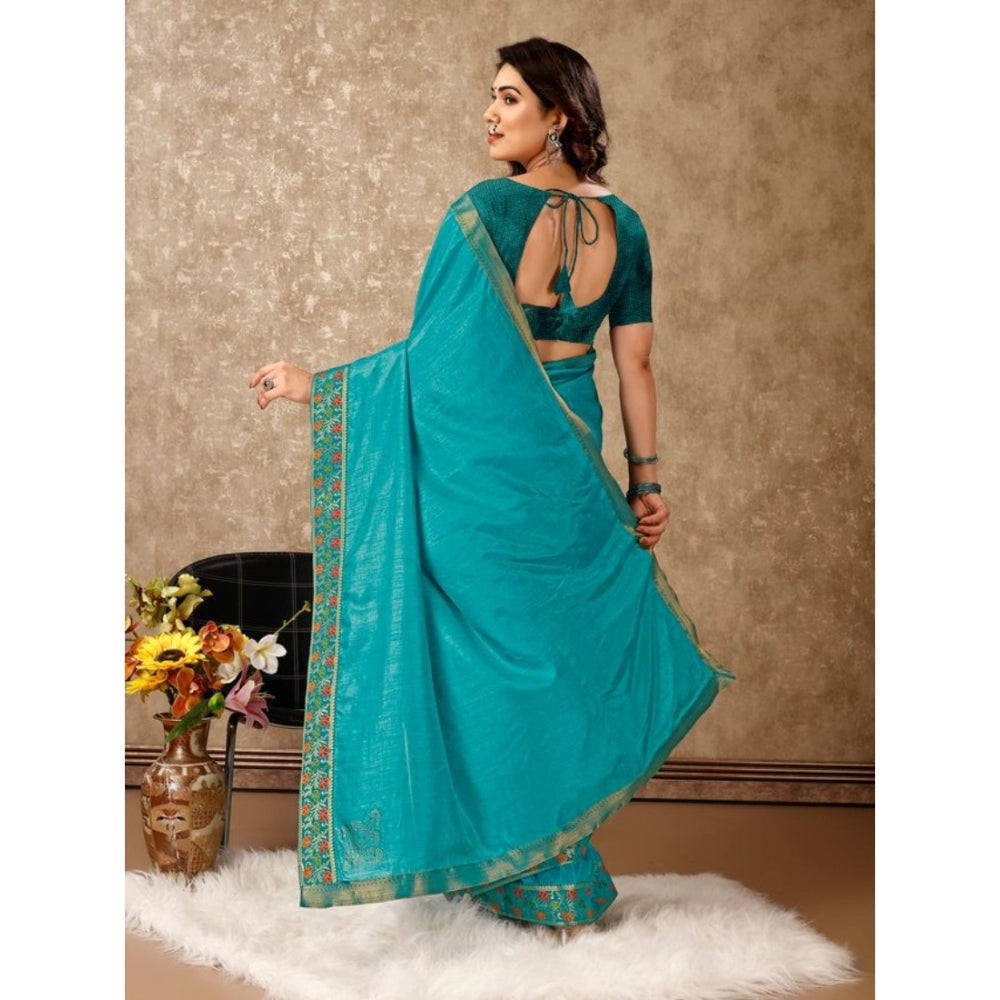 Amfyn Women's Vichitra Swiroshki Butta Saree With Unstitched Blouse (Turquoise Blue, 5-6 Mtrs)