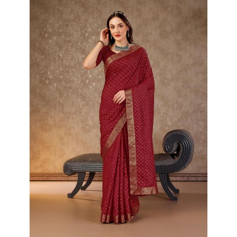 Amfyn Women's Vichitra Bandhani Saree With Unstitched Blouse (Maroon, 5-6 Mtrs)